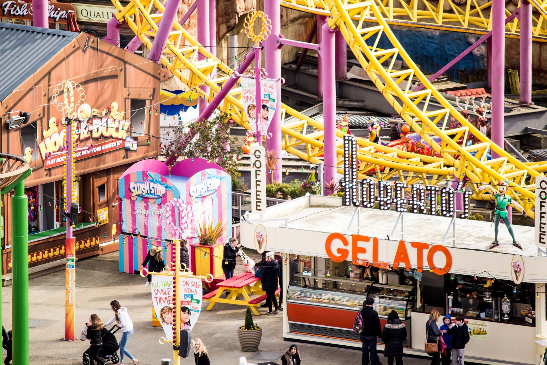 Colourful rollercoaster rides and attractions at Adventure Island on Southend-on-Sea seafront.